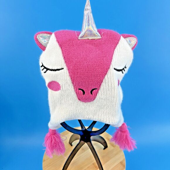 Unicorn Beanie One Size Fits All Pink & White - Picture 8 of 10
